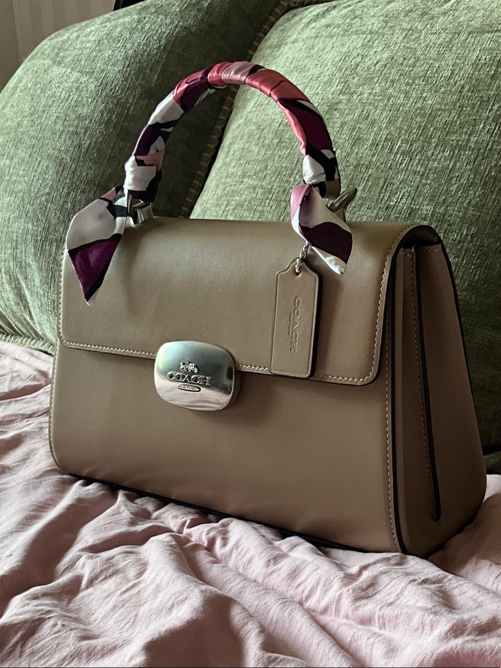 Coach Taupe Satchel with Pink Accent Scarf and Silver Hardware
